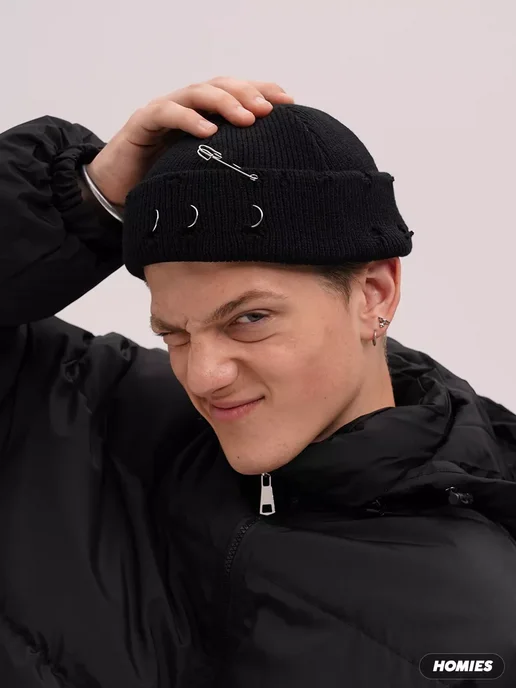 Homies Шапка бини y2k с порванным эффектом и кольцами, черный, фото 3