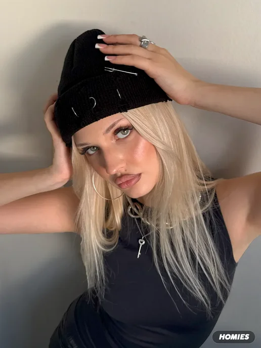 Homies Шапка бини y2k с порванным эффектом и кольцами, черный, фото 4