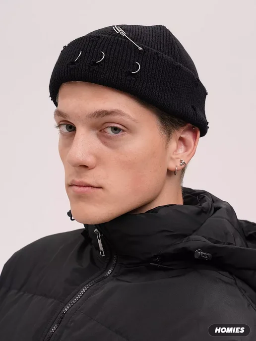 Homies Шапка бини y2k с порванным эффектом и кольцами, черный, фото 5