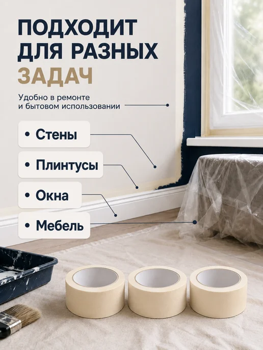 Малярная лента скотч бумажный широкий 48мм 50 м 3 рулона, вариант, фото 4