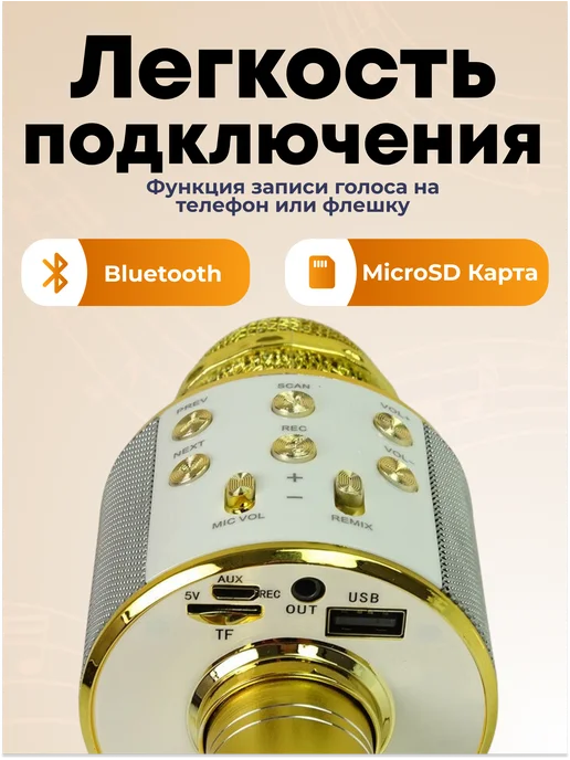 Profit Микрофон караоке беспроводной Bluetooth подключение, желтый, фото 5