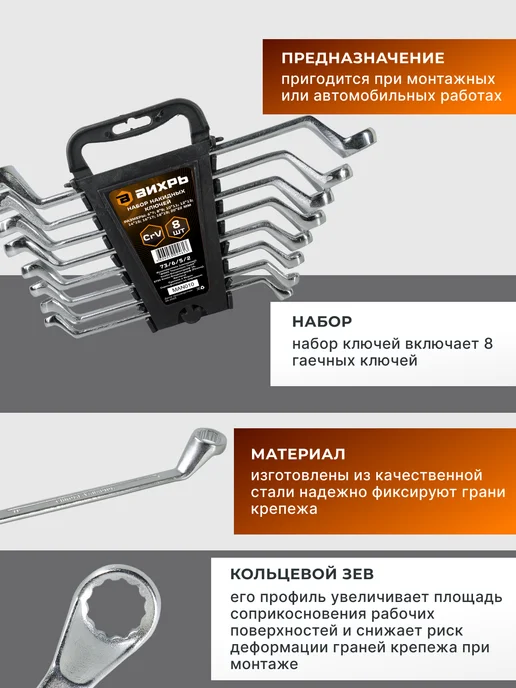 Набор накидных ключей изогнутых 8 шт 6-22 — фото 2