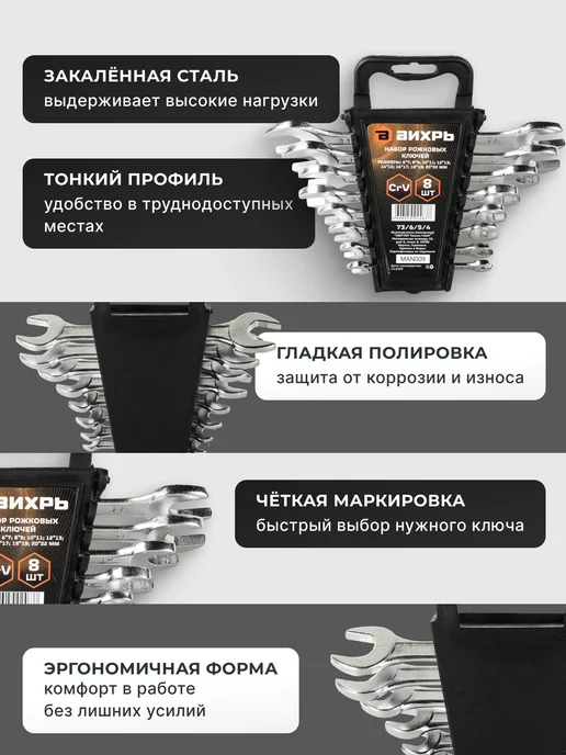 Набор рожковых ключей для автомобиля 8 штук 6 - 22 — фото 2