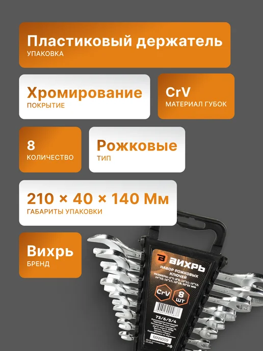 Набор рожковых ключей для автомобиля 8 штук 6 - 22 — фото 3