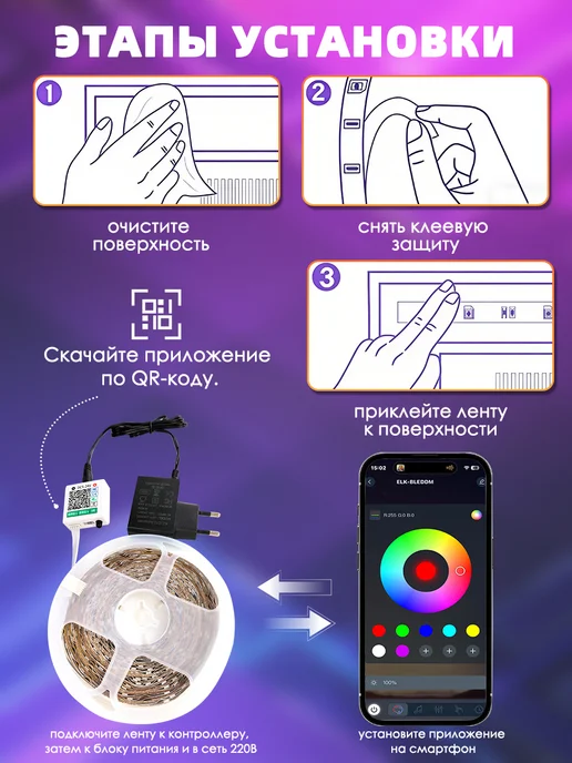Светодиодная лента 15 метров с пультом RGB LED, 10 м, фото 6