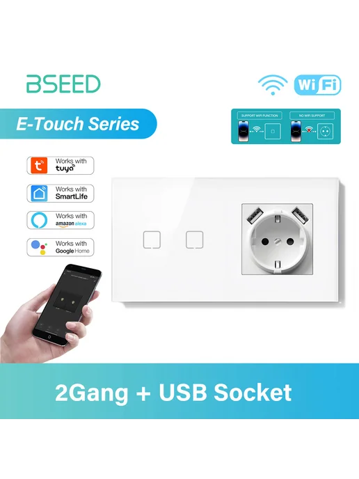BSEED Умный сенсорный выключатель с розеткой с USB с Алисой, белый