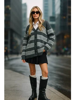 Кардиган оверсайз вязаный на пуговицах в полоску