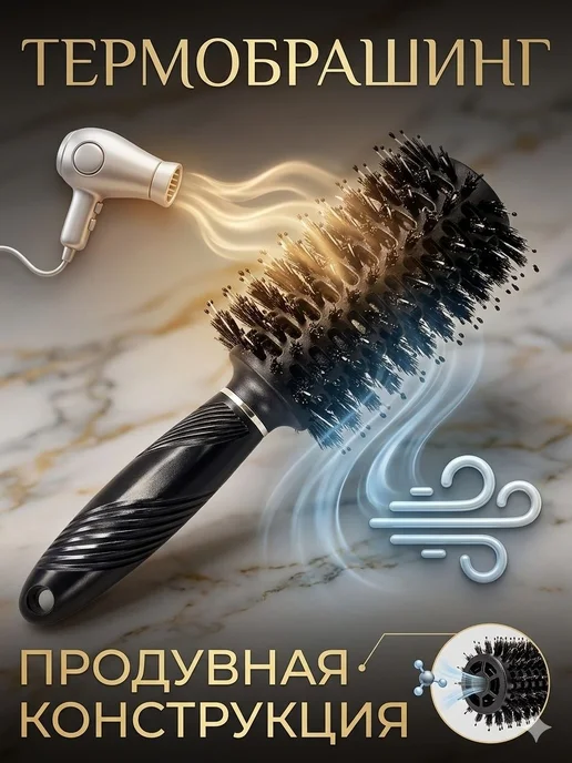 Брашинг для укладки волос Брашинг для волос с натуральный щетиной деревянный, черный, фото 2