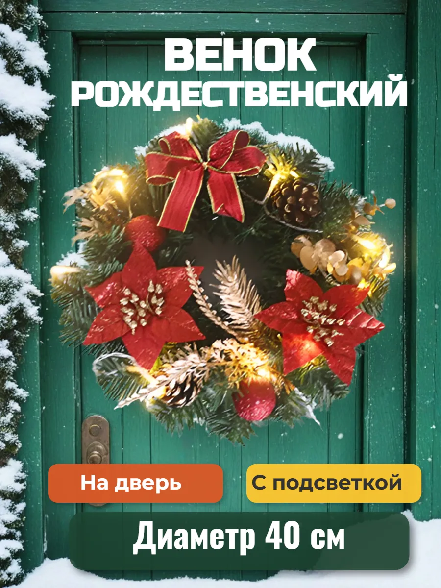 Венок новогодний рождественский на дверь с подсветкой 40 см