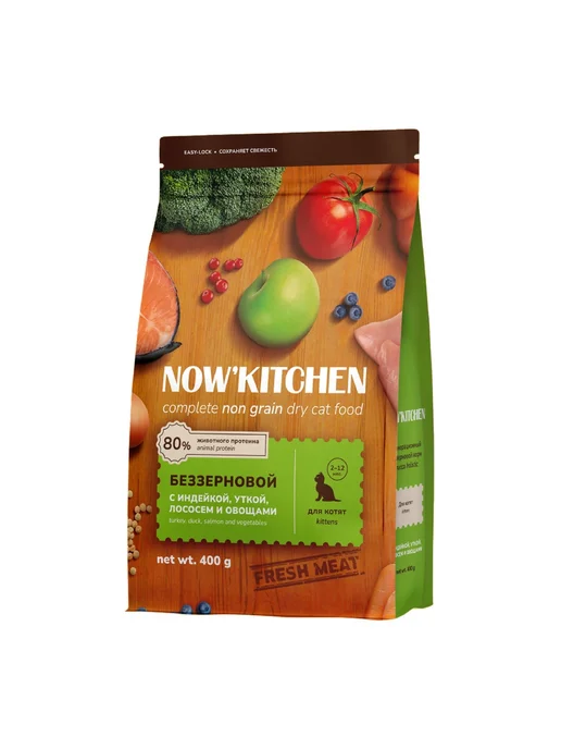Сухой корм NOW'KITCHEN Котят для собак, индейка, лосось, утка, 0,4 кг