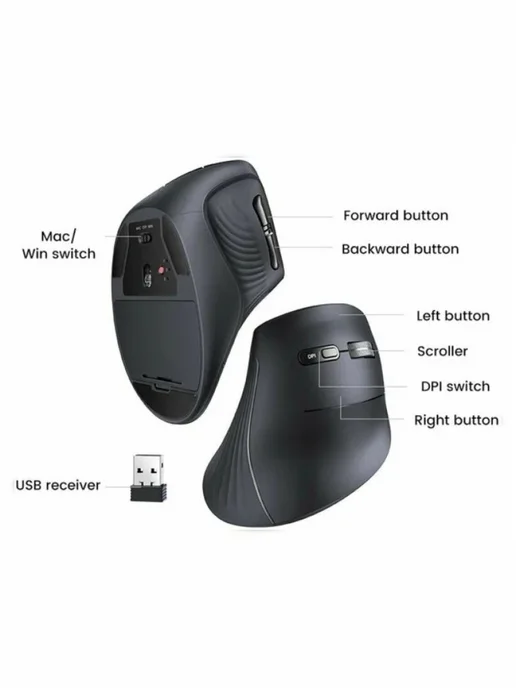 UGREEN MU008 (25444) Wireless Vertical, 2.4 GHz&BT, черный, черный, фото 3