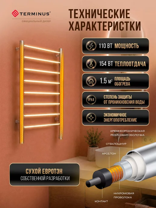 TERMINUS Полотенцесушитель электрический в ванную Аврора П8 500х850, 400x850, фото 5