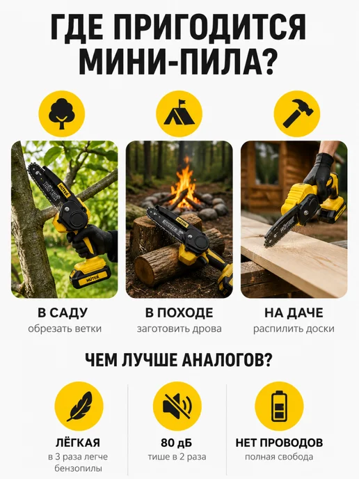 Пила аккумуляторная цепная садовая мини сучкорез ELS-20Li — фото 2
