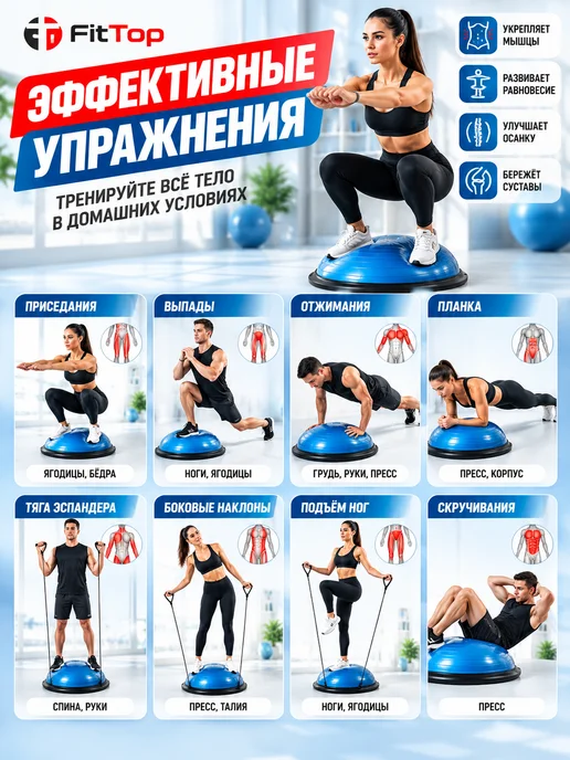 Степ балансировочный Босу с эспандером и насосом, синий, фото 2