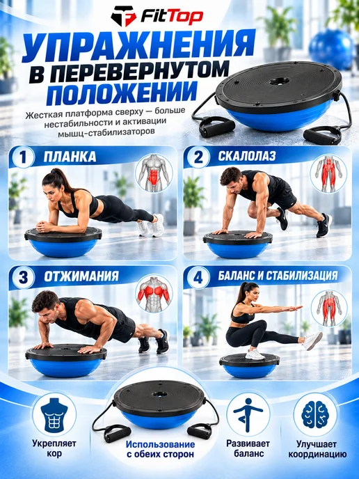 Степ балансировочный Босу с эспандером и насосом, синий, фото 3