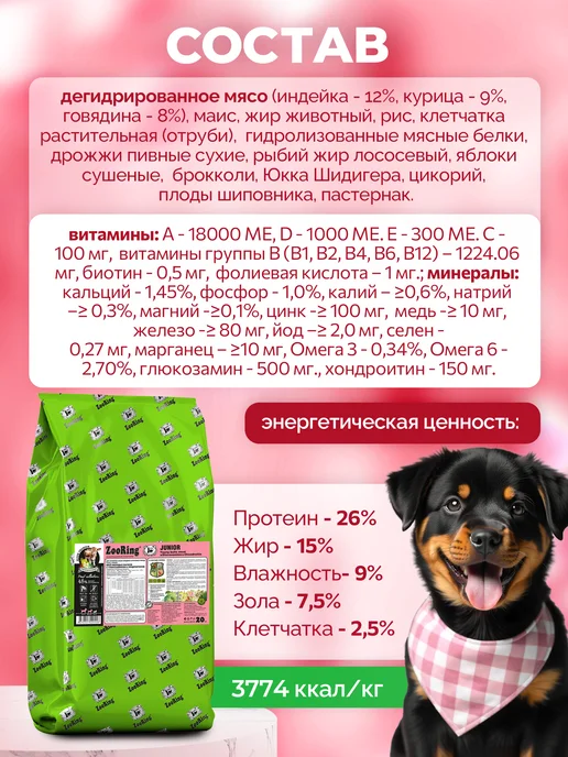 Сухой корм ZooRing Бычков Хондроитином для собак, щенки, мясо, 20 кг, фото 2