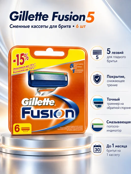 GILLETTE Кассеты для бритья Fusion5 мужские сменные лезвия, 12 шт, 6 шт