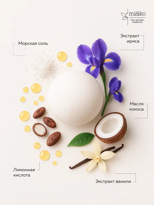 mi&ko Бурлящие бомбочки для ванн большие Кокос и ваниль, белый, фото 3