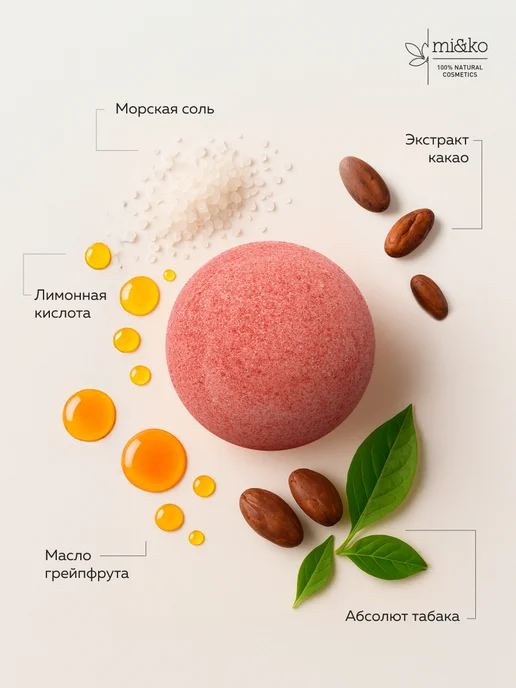 mi&ko Бурлящие бомбочки для ванн большие Грейпфрут и табак, розовый, фото 3
