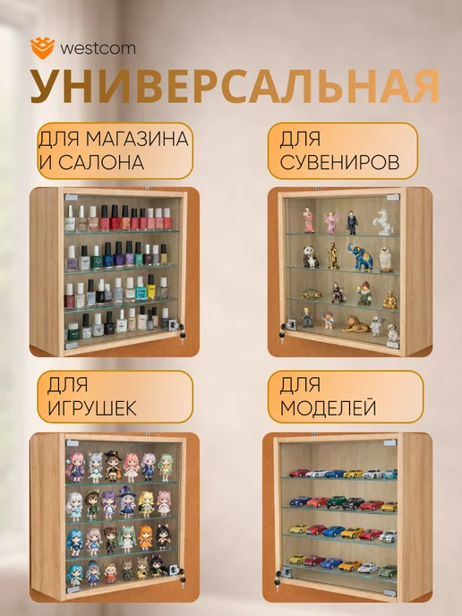 WESTCOM.RU Витрина стеклянная настенная "МИНИ" 50 см, Дуб_Сонома, бежевый, фото 3
