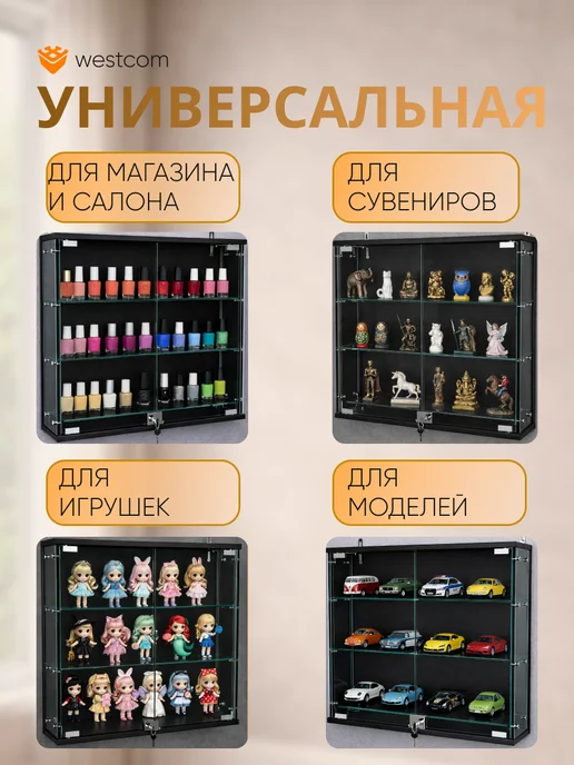 WESTCOM.RU Витрина стеклянная настенная с полками Атриум №1-1,Черный, черный, фото 3