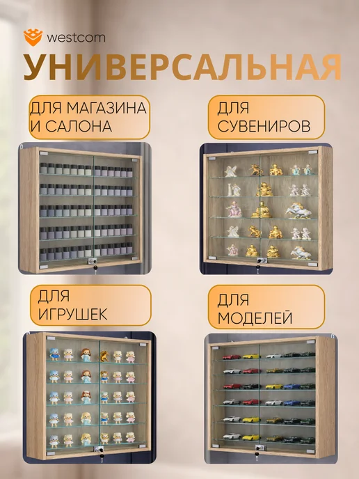 WESTCOM.RU Витрина стеклянная настенная с полками №1-5А, Дуб Сонома, бежевый, фото 3
