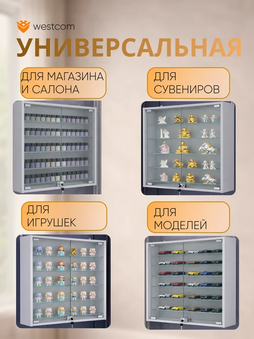WESTCOM.RU Витрина стеклянная настенная с полками №1-5А,Крем Вайс, серый, фото 3