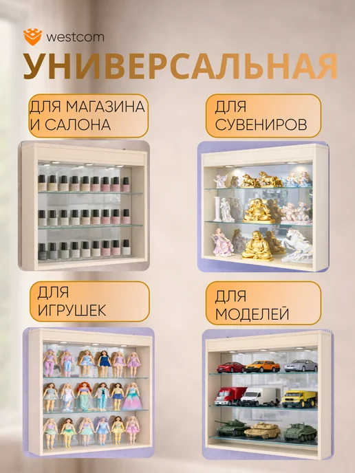 WESTCOM.RU Витрина настенная без дверок №1-4Г с подсветкой, Крем_Вайс, 4 г, фото 3