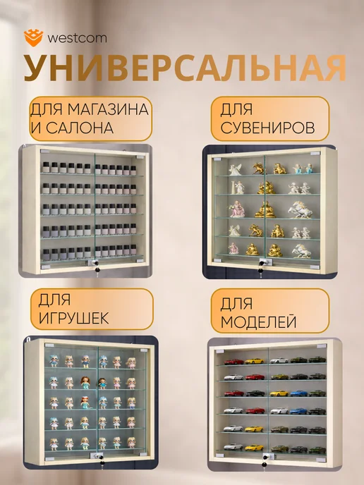 WESTCOM.RU Витрина стеклянная настенная с полками №1-5А,Крем Вайс, бежевый, крем вайс, фото 3