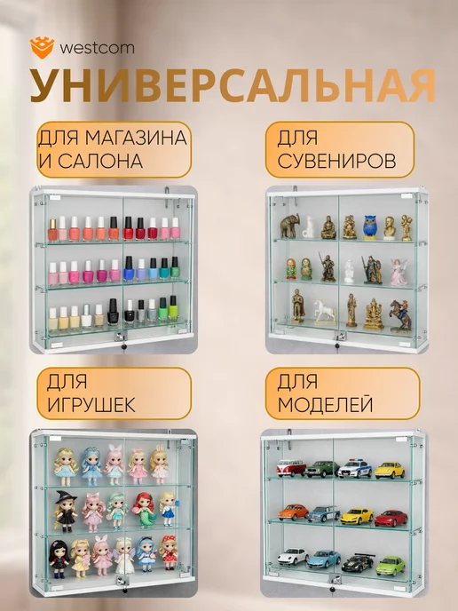 WESTCOM.RU Витрина стеклянная настенная с полками Атриум №1-1,Черный, белый, фото 3