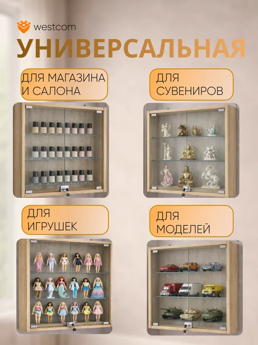 WESTCOM.RU Витрина настенная с полками №1-1А, Дуб_Сонома, бежевый, фото 3
