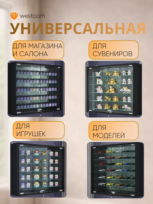 WESTCOM.RU Витрина настенная с зеркалом №1-6А,Черный, черный, фото 3
