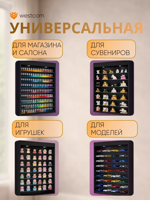 WESTCOM.RU Витрина настенная без дверок №2-7Г с подсветкой, Черный, 27 г, фото 3