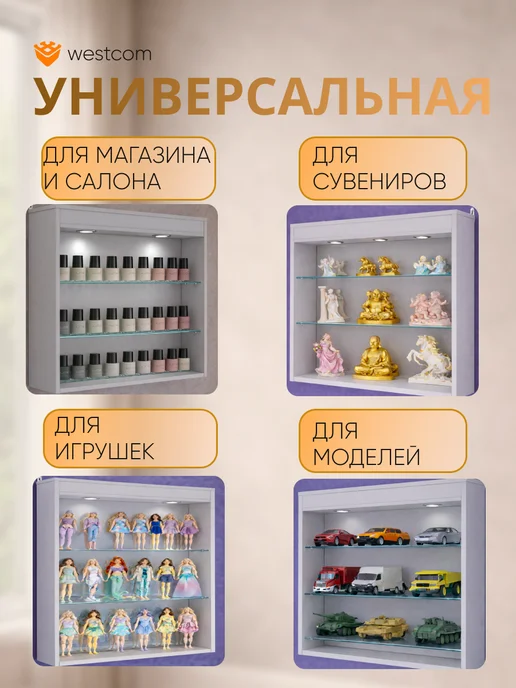 WESTCOM.RU Витрина настенная без дверок №1-3Г с подсветкой, Белый, 13 г, серый, фото 3