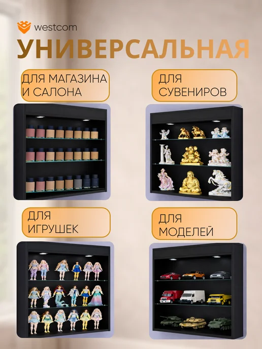 WESTCOM.RU Витрина настенная без дверок №1-3Г с подсветкой, Белый, 3 г, черный, фото 3