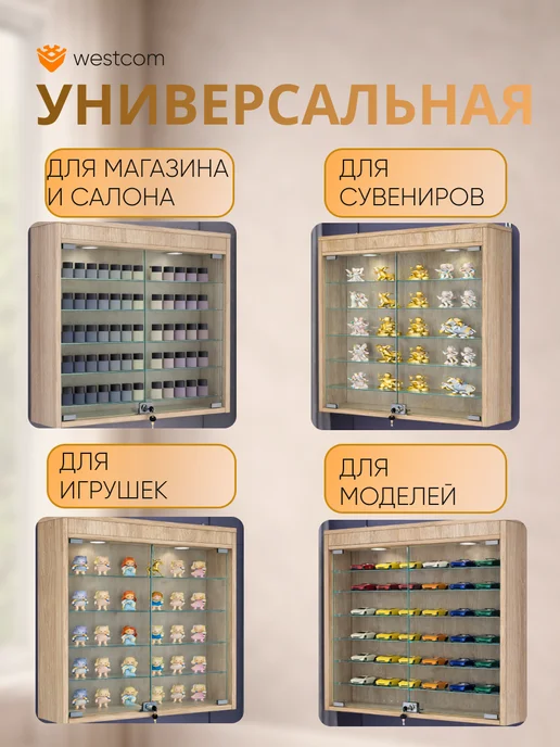 WESTCOM.RU Витрина настенная №1-7А с подсветкой, Дуб_Сонома, бежевый, фото 3