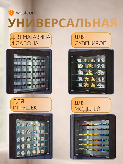 WESTCOM.RU Витрина настенная №1-8А с зеркалом и подсветкой, Дуб_Венге, коричневый, фото 3