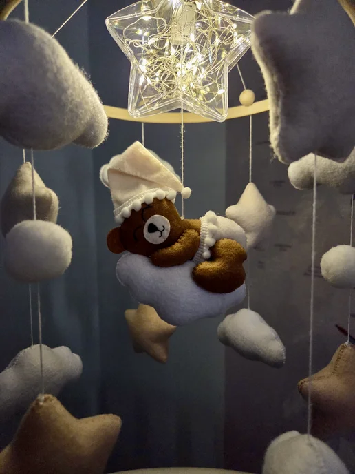 Sleeping Owl Мобиль из фетра ручной работы для новорожденных, бежевый, фото 4
