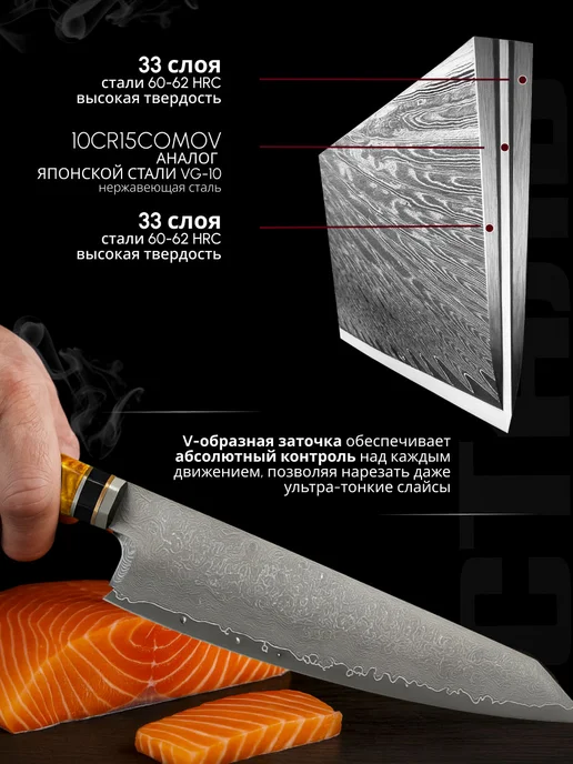 DCR Kitchen Шеф нож профессиональный кухонный из дамасской стали, белый, фото 2