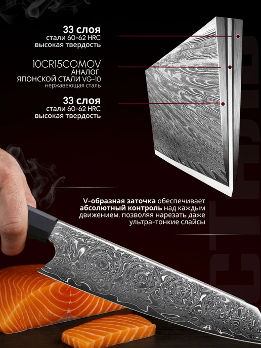 DCR Kitchen Шеф нож профессиональный кухонный из дамасской стали, черный, фото 2