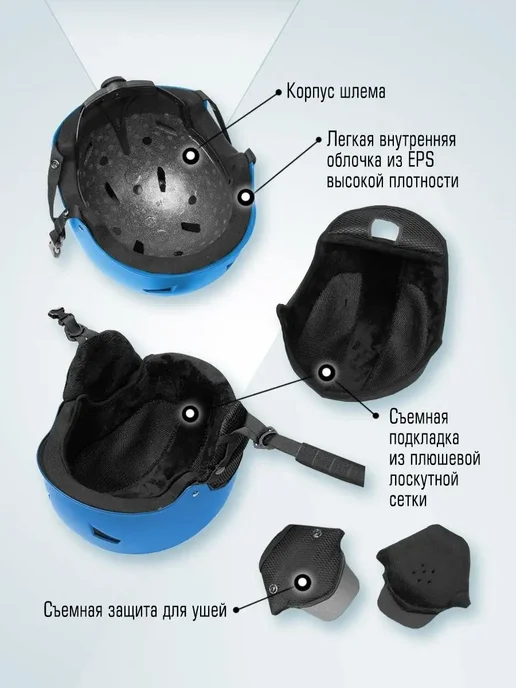Шлем для горных лыж и сноуборда с зимней подкладкой и ушами, синий, фото 4
