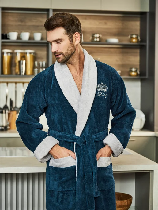 POLENS HOME COLLECTION Халат махровый банный теплый KING, голубой, фото 5