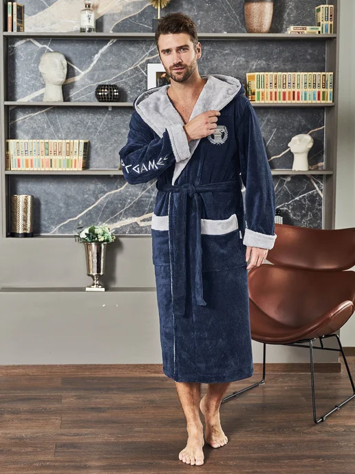 POLENS HOME COLLECTION Халат махровый банный теплый OLYMPIC с капюшоном, синий, фото 4