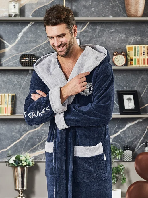 POLENS HOME COLLECTION Халат махровый банный теплый OLYMPIC с капюшоном, синий, фото 5
