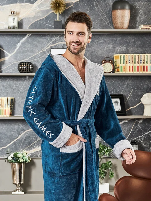 POLENS HOME COLLECTION Халат махровый банный теплый OLYMPIC с капюшоном, голубой, фото 4