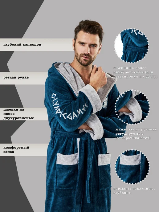 POLENS HOME COLLECTION Халат махровый банный теплый OLYMPIC с капюшоном, голубой, фото 6