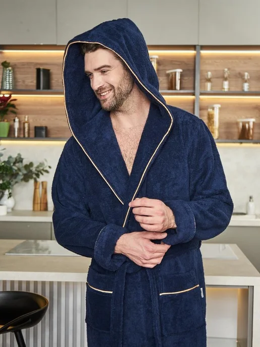POLENS HOME COLLECTION Халат махровый банный ЛЮБИМЫЙ с капюшоном, синий, фото 3