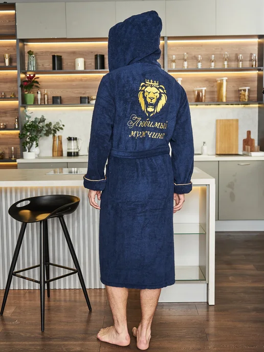 POLENS HOME COLLECTION Халат махровый банный ЛЮБИМЫЙ с капюшоном, синий, фото 4