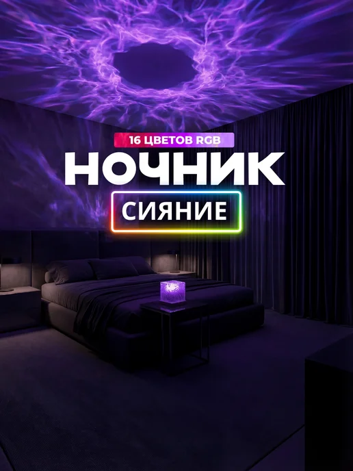 LunaGlow Aura Ночник-проектор Северное сияние с цветной подсветкой, голубой, фото 4