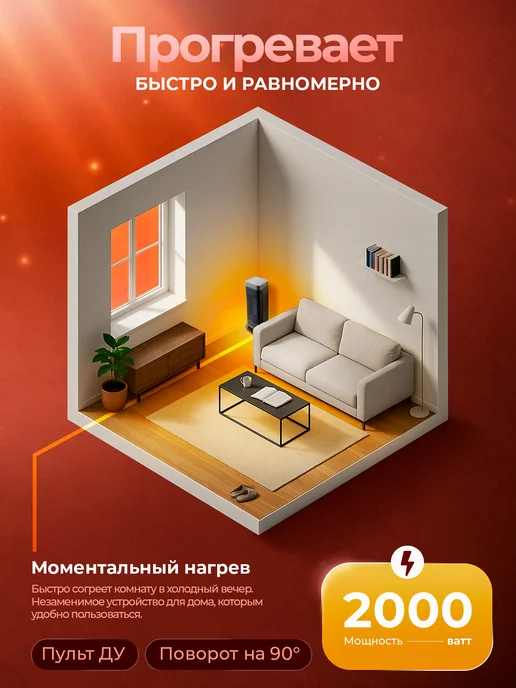 TITAVIN Обогреватель для дома, тепловентилятор напольный 2000 Вт, 2000 Вт, черный, фото 2